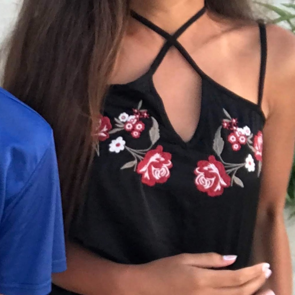Black satin embroidered top from American Eagle with adjustable straps
